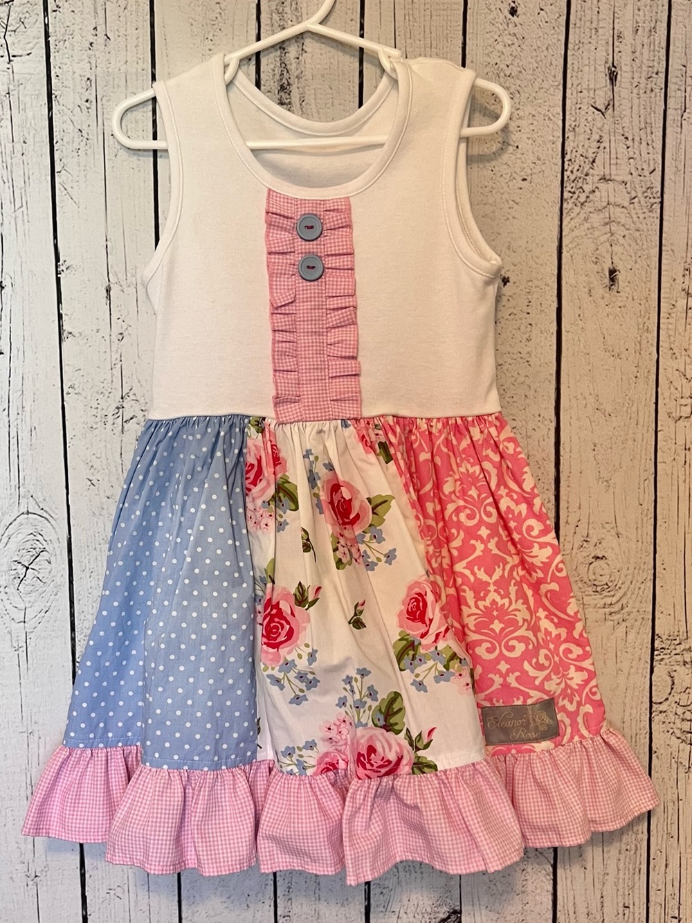 💕4/5 Eleanor Rose White Tank Dress with Pink & Blue Patchwork!